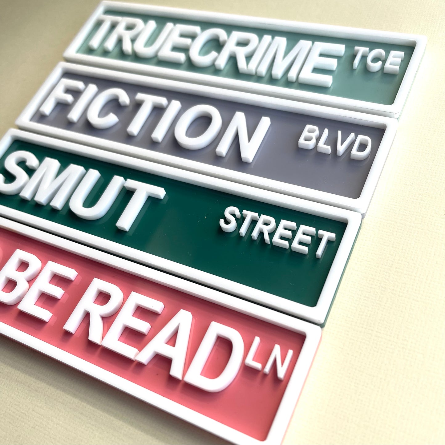 Bookish Street Signs | Acrylic Genre & Trope Labels for Bookshelves