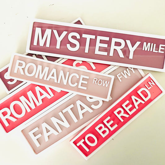 Bookish Street Signs | Acrylic Genre & Trope Labels for Bookshelves