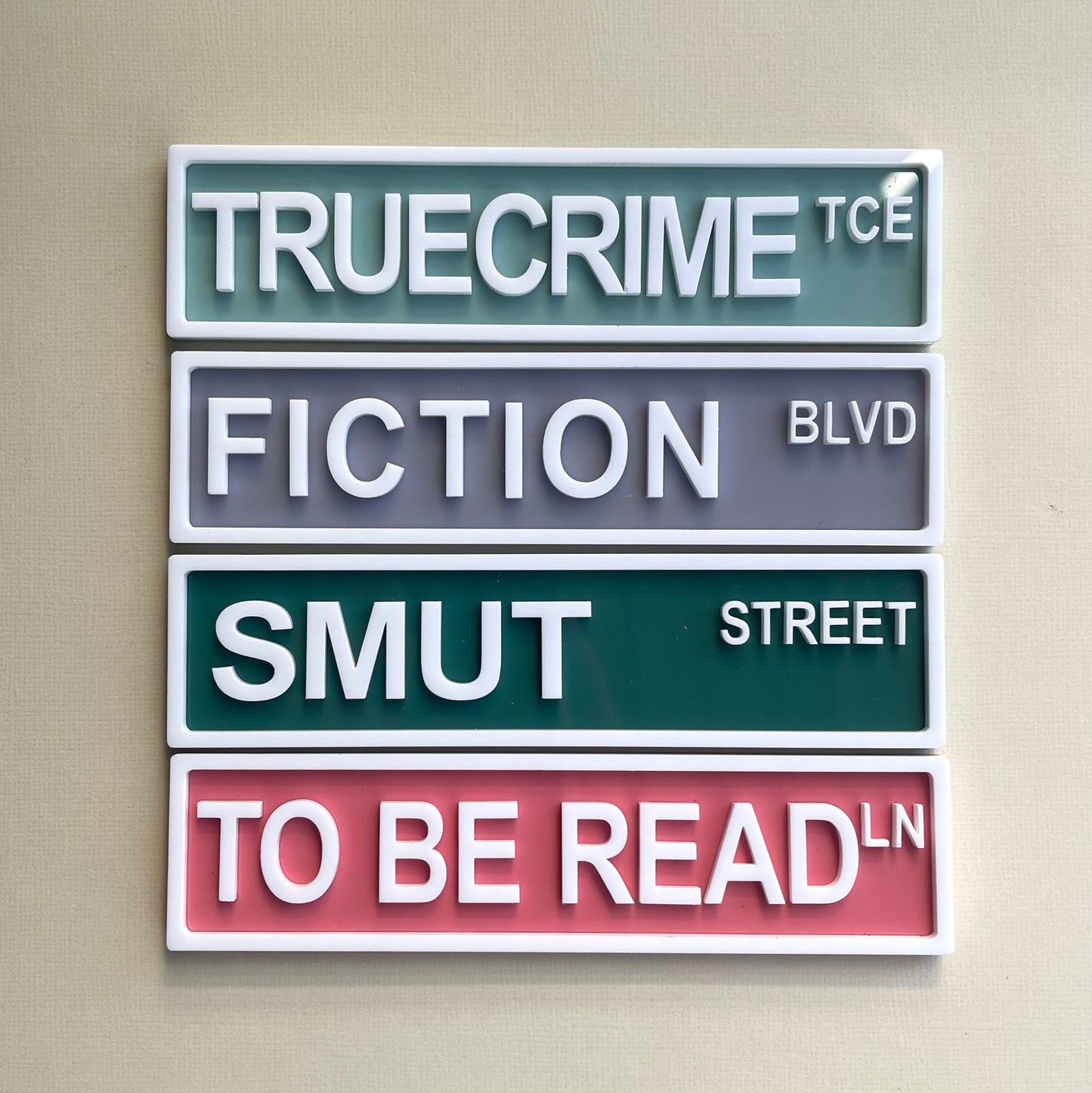 Bookish Street Signs | Acrylic Genre & Trope Labels for Bookshelves