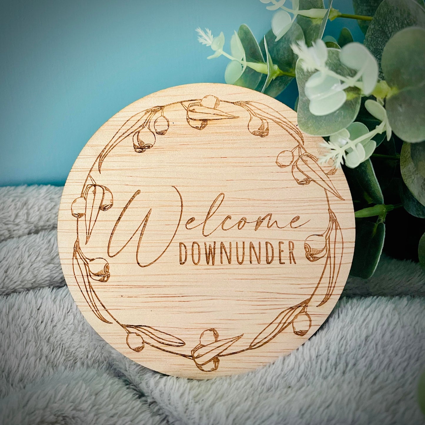 Baby Essentials | Hello World/Welcome Downunder Eucalyptus Engraved Baby Announcement Sign