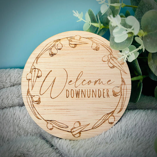 Baby Essentials | Hello World/Welcome Downunder Eucalyptus Engraved Baby Announcement Sign
