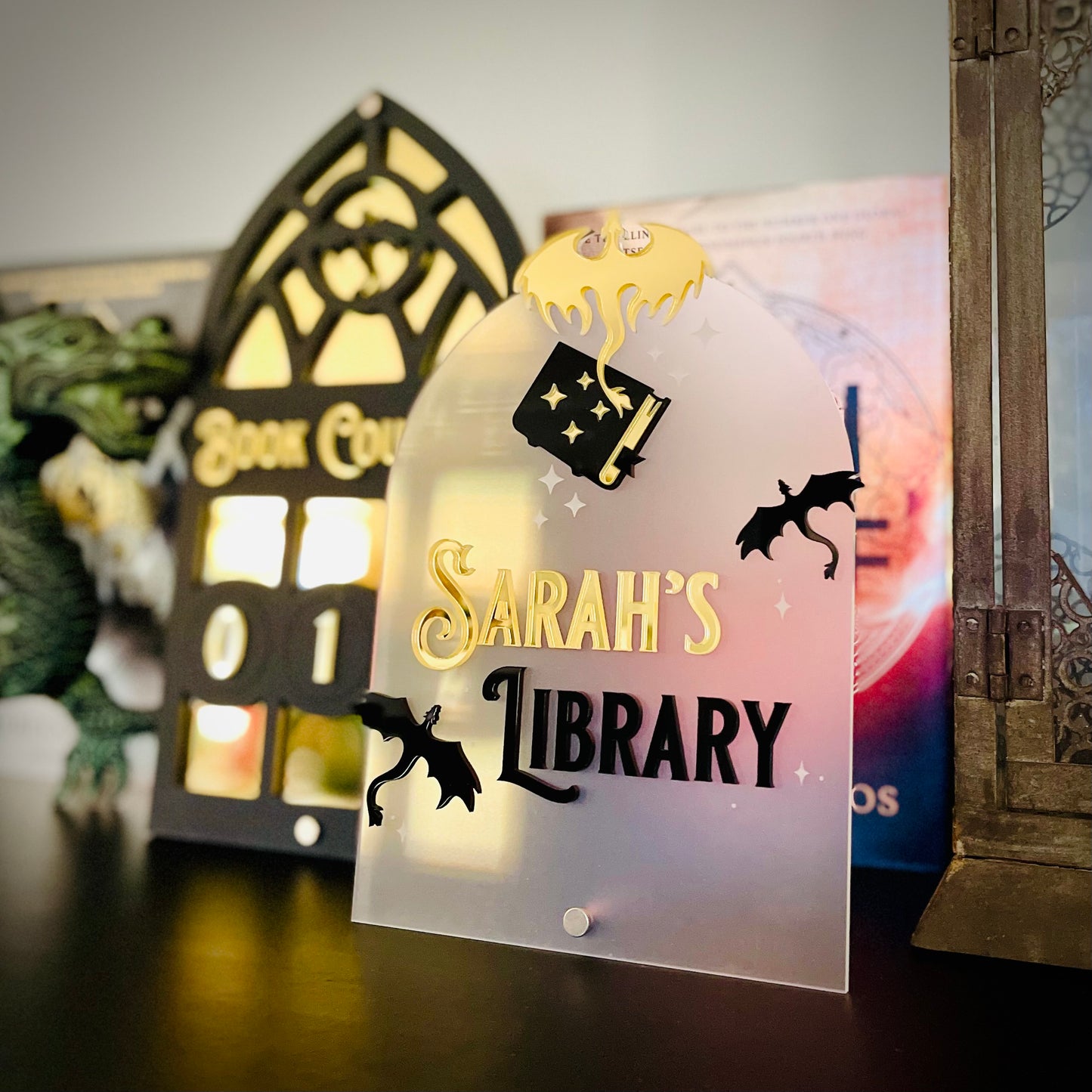 Personalised Dragon Library Sign | Fantasy-Inspired Bookshelf Decor