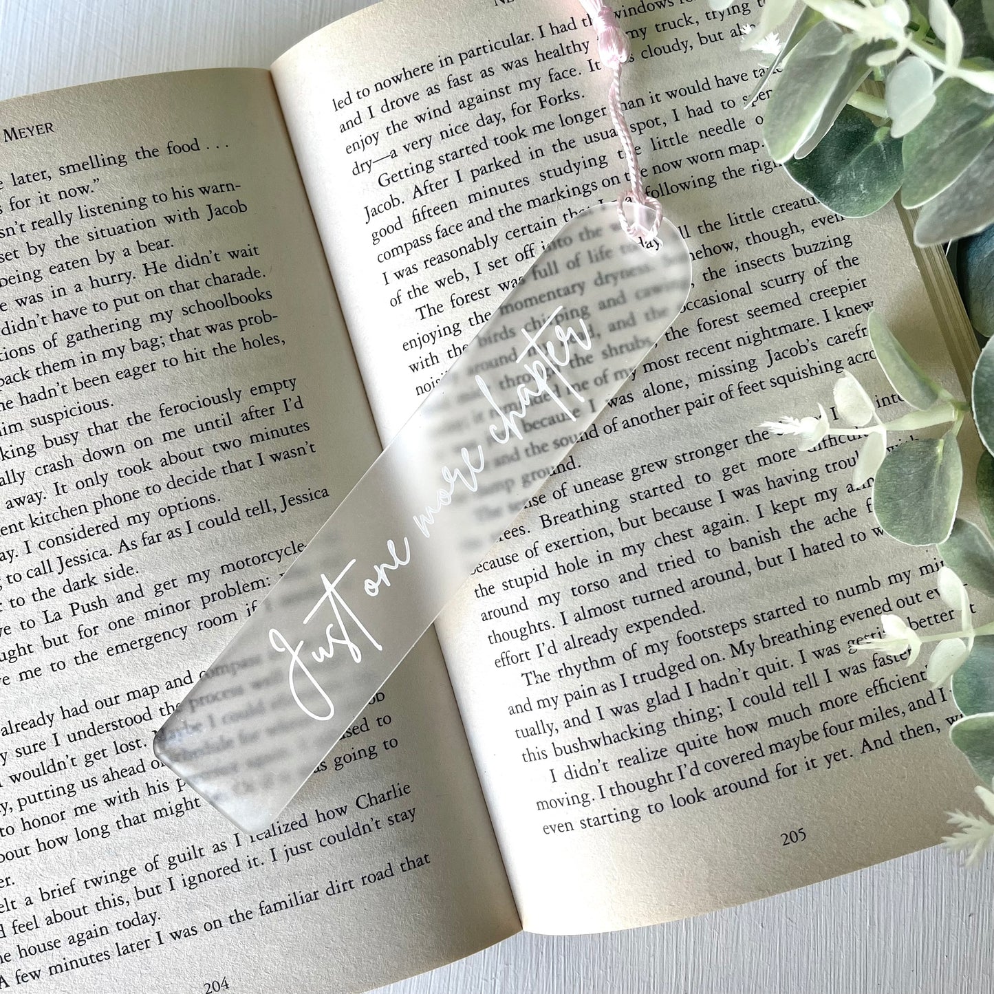 Clear plastic bookmark with 'Just One More Chapter' text on an open book with greenery.