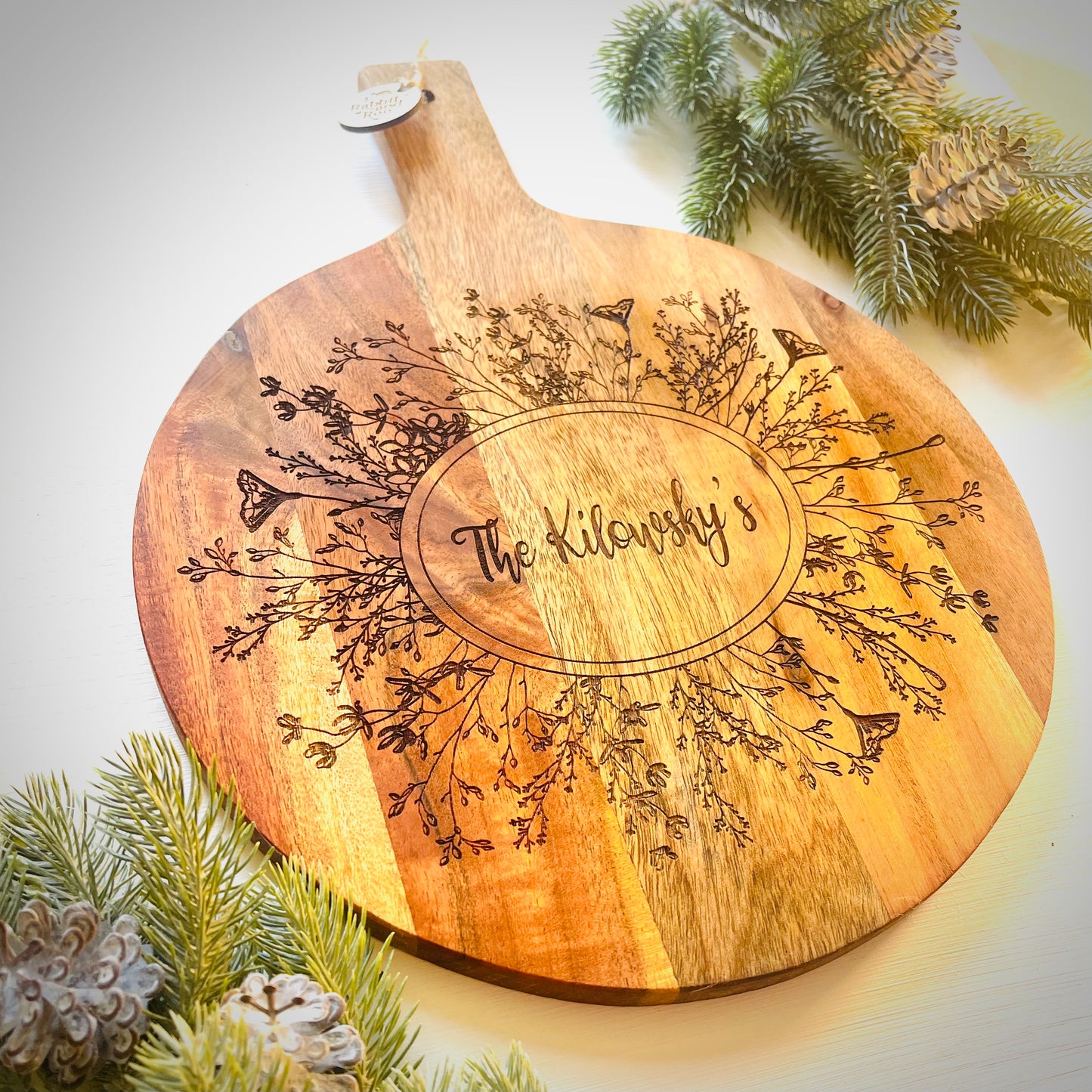 Personalized wildflower engraved grazing board with custom name or family surname for house warming, weddings and special occasions