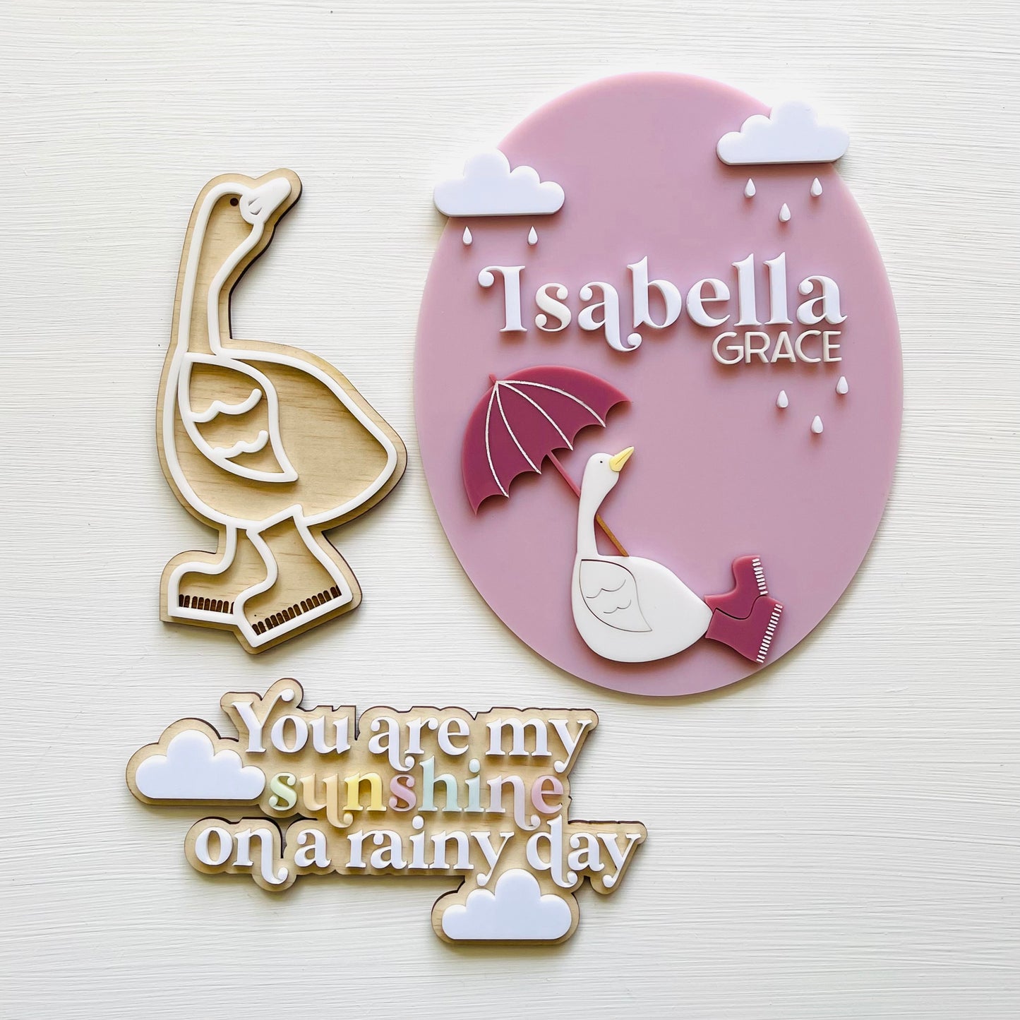 Kids & Babies | Little Goose Collection | Sitting Goose & Umbrella Name Plaque