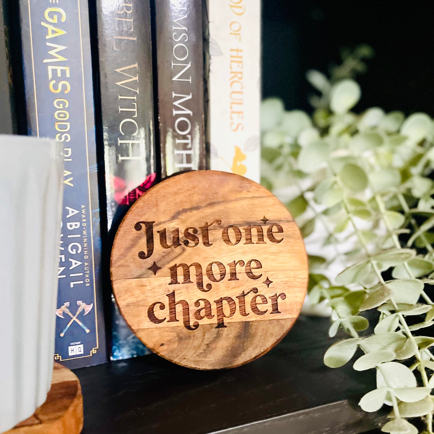 Wooden bookend with 'Just one more chapter' text on a bookshelf with books and plants.