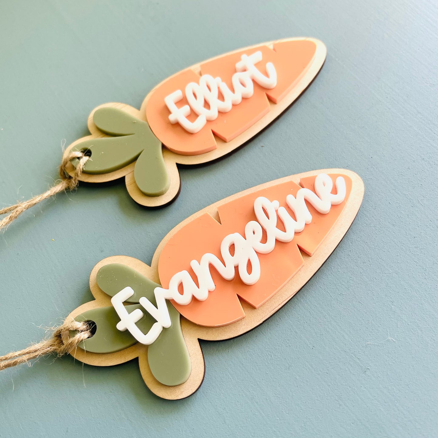 Easter | Orange & Green Acrylic Carrot Basket Tag with White Acrylic Name