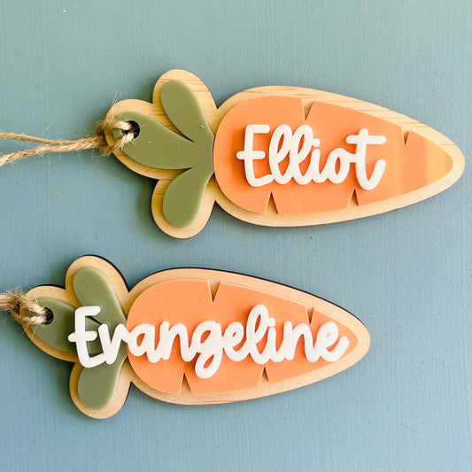 Easter | Orange & Green Acrylic Carrot Basket Tag with White Acrylic Name
