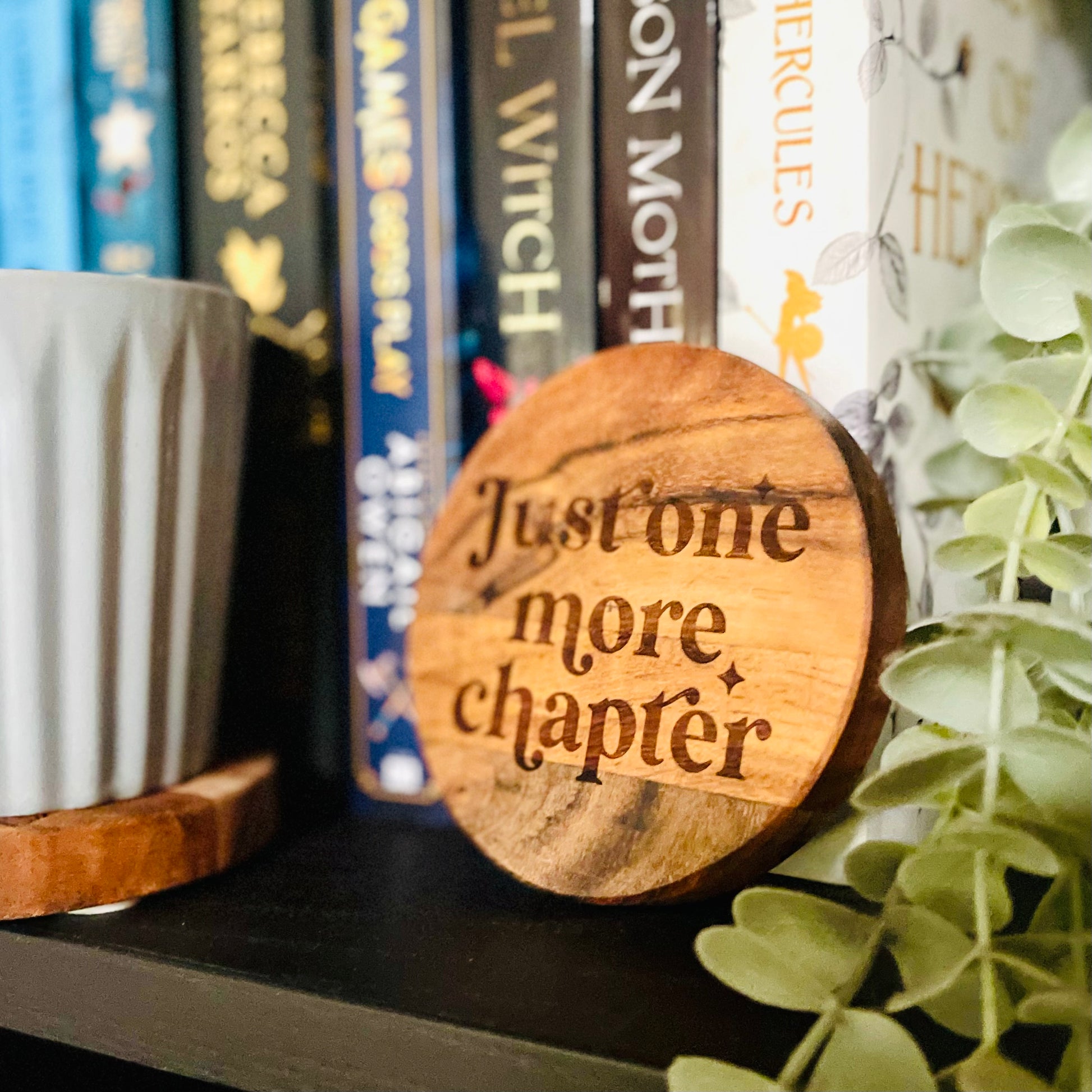 Wooden coaster with 'Just one more chapter' text on a bookshelf with books and a plant.